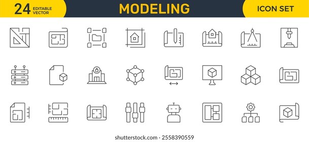 Set of Modeling outline icon set. Architectural planning icon collection. Planning, scheme, dimension, project, measurement, floor plan and more.
