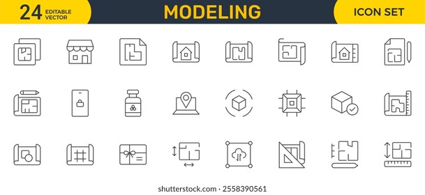 Set of Modeling outline icon set. Architectural planning icon collection. Planning, scheme, dimension, project, measurement, floor plan and more.
