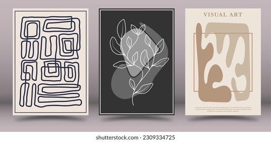 Un conjunto de modelos de arte fino en un estilo abstracto. La disposición de un cuadro, afiche, afiche o cartel en un diseño minimalista para la creatividad interior y las ideas creativas. 