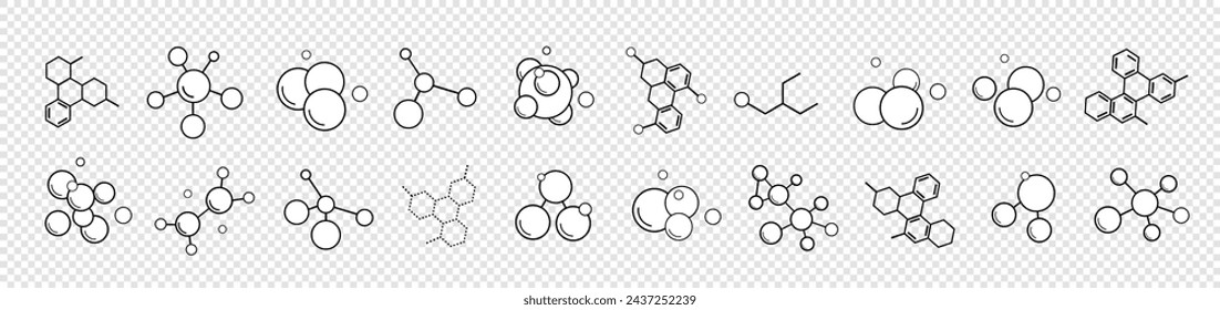 A set of models of molecules and molecular compounds on a transparent background. A collection of icons of atoms, molecules, and chemical structures. Vector illustration.