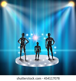 Set of models on a podium with spotlights . Fashion clothing store mannequins, silhouette of man,  teenager,  woman