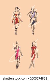 set of models women, fashion sketch