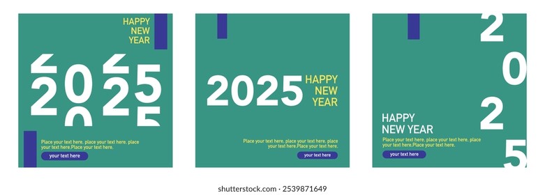 Conjunto de modelos modernos de quadrado de Ano Novo de 2025. Cartão de saudação simples de feriado. Design de cor verde de férias para banner, mídia social, folheto, cartão de saudação, convite, calendário, etc. Ilustração vetorial.