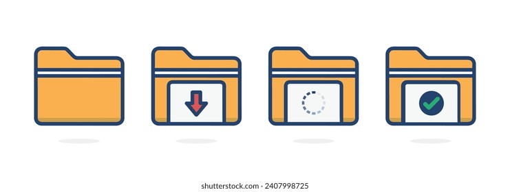 conjunto de iconos modernos 2d de archivo de computadora de descarga plana, carga de diseño ui, completado, proceso de descarga de símbolo amarillo en el archivo archivo de emblema de documento esquema de color vector aislado png mínimo