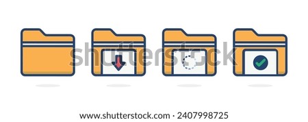 set of modern 2d flat download computer file folder icon, ui design loading, completed, process downloading yellow symbol on archive catalogue document emblem color outline vector isolated png minimal