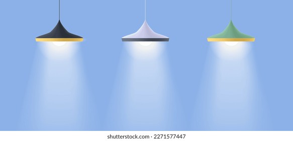 Set of modern 3D hanging chandeliers, lamps with a shining beam of light. For interior design concepts, industry, object lighting.