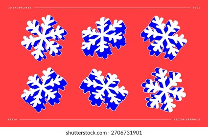 Un conjunto de copos de nieve isométricos 3D modernos inclinados en diferentes ángulos. Colores de neón brillantes. Elementos gráficos decorativos para el diseño de vacaciones de invierno. Vector EPS10.