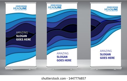 Set Modern 3d paper cut art template with abstract curve. Roll up banner blue  line wave standee business brochure template design. Vertical Abstract colorful geometric texture background 
