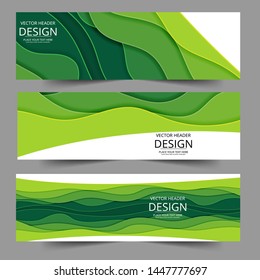 Set Modern 3d paper cut art template with abstract curve. Web banner green  line wave standee business brochure template design. Vertical Abstract colorful geometric texture background 