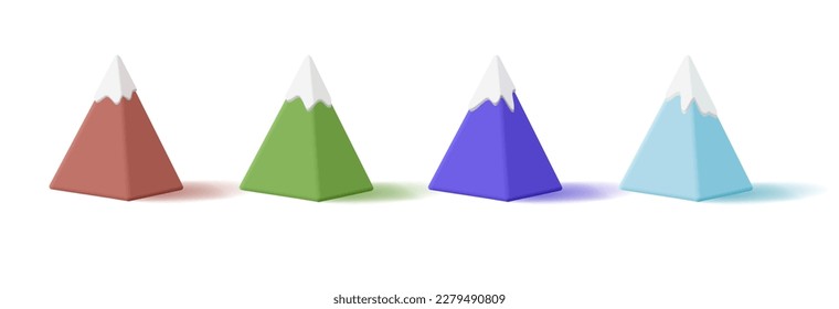 Set of modern 3d pyramidal colorful mountains with snow on top. Mountain sign on white background, for recreation, sports, achievements, logos.