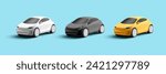 Set of modern 3d render car models, simplified shapes, big wheels, new generation car, yellow black and white colors