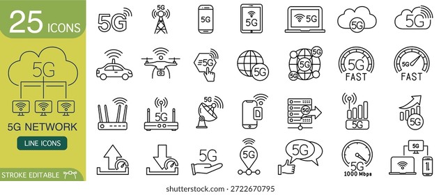 Set of modern 5G network line icons for mobile technology. This collection of symbols represents wireless communication, high speed internet, data transfer, and global connection