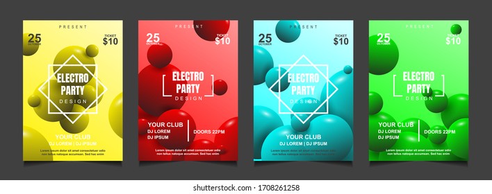 Set modern a4 cover design background template with colorful 3d sphere ball illustration. Dynamic vector can use for club invitation, poster theme dance, party fun, music event, festival, ads business