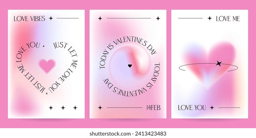 Set of modern a4 size posters with Valentine's Day. Trendy gradients, blurred heart shapes, elegant typography. Holiday sale templates. Vector typographic illustrations for mobile apps, greeting card.