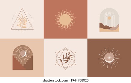 Set of modern abstract aesthetic backgrounds with landscape of desert, sand dunes,geometric shapes, rainbow and sun. Terracotta colors. Boho contemporary wall decor.Home prints in interior. Vector.