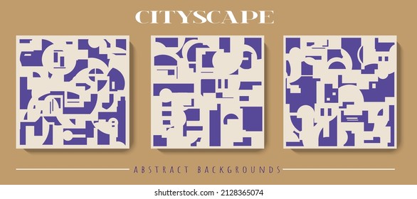 Set of modern abstract architecture pattern backgrounds. Minimalist geometry houses shapes vector design. Elegant purple and beige wall art, poster, cover, card template