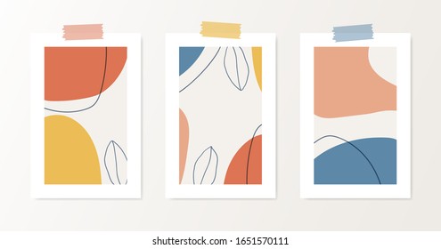 Set of modern abstract art design with organic shapes in pastel colors. Contemporary collage wall art, flyer, newsletter, magazine cover, packaging and branding design.
