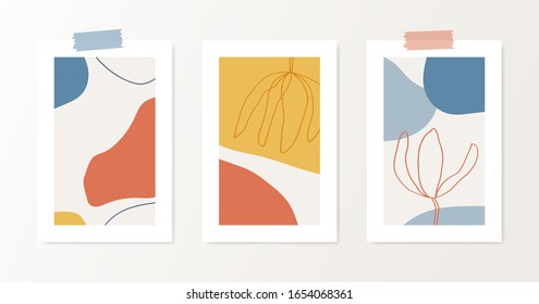 Set of modern abstract art design with organic shapes in pastel colors. Contemporary collage wall art, flyer, newsletter, magazine cover, packaging and branding design.