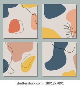 A set of modern abstract art designs with organic shapes in pastel colors, leaf patterns. Contemporary collage wall art is perfect for flyers, wrapping paper, book covers, wall hangings, social media 