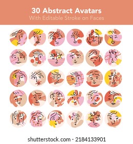 Set of modern abstract avatars for websites and social networks. Vector linear faces in circles. Contemporary art minimal portraits for default profile pictures in earthy natural colours.