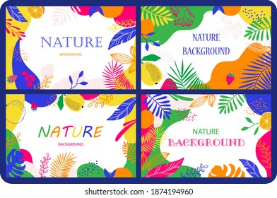 Legen Sie eine moderne Design-Vorlage für Kundenkarten fest. Abstrakte Hintergrunddesigns mit tropischen Blättern und Früchten . Farbige trendige Formen.Vektorgrafik.