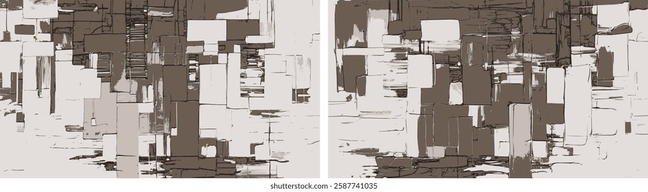 Set of modern abstract background designs in sepia color blending textured forms with bold paint strokes
