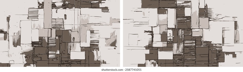 Set of modern abstract background designs in sepia color blending textured forms with bold palette knife strokes