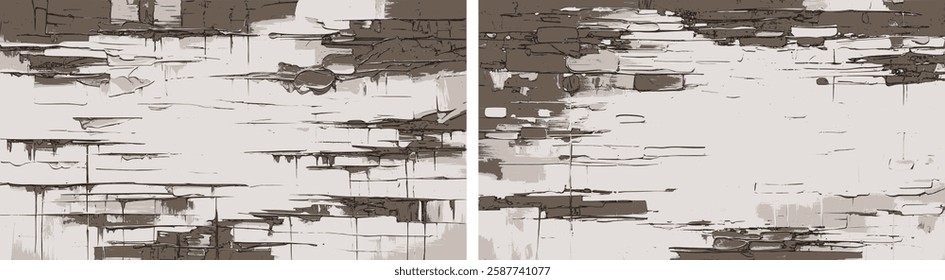 Set of modern abstract background designs in sepia color blending textured forms with bold paint strokes, oil on canvas paintings
