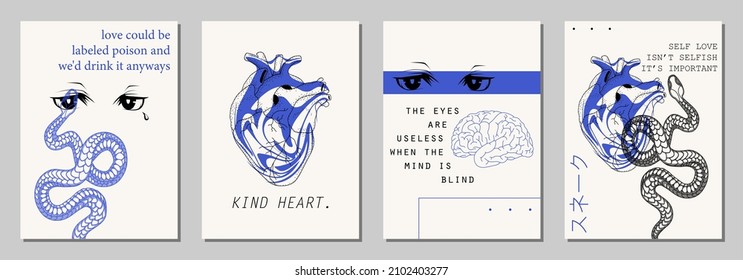 Set of modern abstract backgrounds or card templates in modern and bright colors, in popular art style (Japanese text translation: snake)