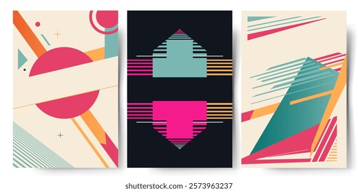 Set of modern abstract backgrounds with place for text. Dark and light background and bright figures. Geometrical shapes