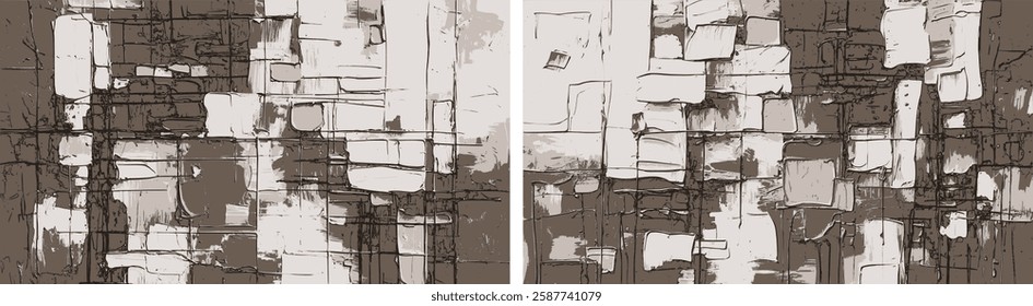 Set of modern abstract backgrounds in sepia color blending textured forms with bold paint strokes, offering a timeless perspective on modern painting
