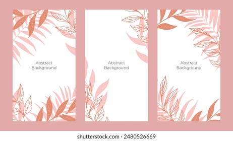 A set of modern abstract backgrounds with tropical leaves. Social media stories and post. Cover, invitation, banner, poster, brochure, poster, postcard, flyer.