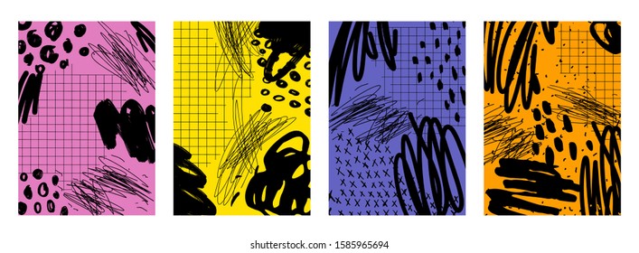 Set of modern abstract backgrounds in vector illustration. Templates for menus, invitations, cards, print in memphis style, bright colors with graphic black lines, spots and brush strokes.