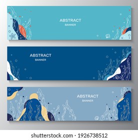 Set of modern abstract banner with seaweed, bottom, bubbles. Design for wall decoration, packaging, postcards, advertising. Vector illustration