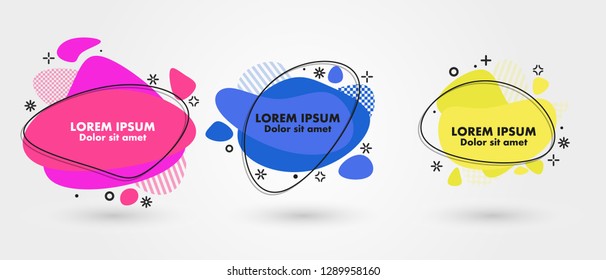 Set of modern abstract banners. Flat geometric fluid liquid shapes of different colors with black outline in memphis design style. Vector minimal illustration