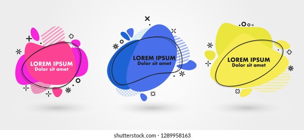 Set of modern abstract banners. Flat geometric fluid liquid shapes of different colors with black outline in memphis design style. Vector minimal illustration