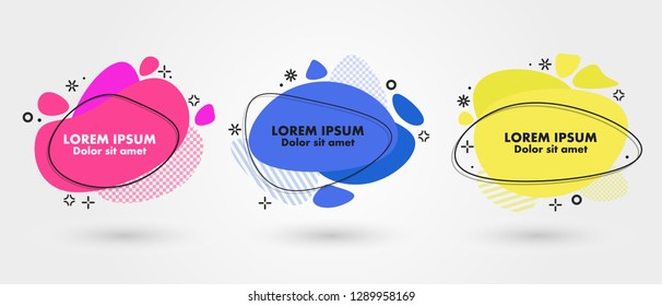 Set of modern abstract banners. Flat geometric fluid liquid shapes of different colors with black outline in memphis design style. Vector minimal illustration