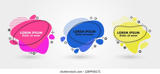 Set of modern abstract banners. Flat geometric fluid liquid shapes of different colors with black outline in memphis design style. Vector minimal illustration