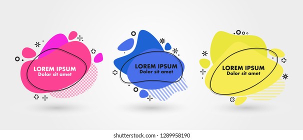 Set of modern abstract banners. Flat geometric fluid liquid shapes of different colors with black outline in memphis design style. Vector minimal illustration
