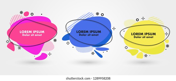 Set of modern abstract banners. Flat geometric fluid liquid shapes of different colors with black outline in memphis design style. Vector minimal illustration