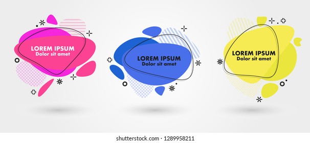 Set of modern abstract banners. Flat geometric fluid liquid shapes of different colors with black outline in memphis design style. Vector minimal illustration