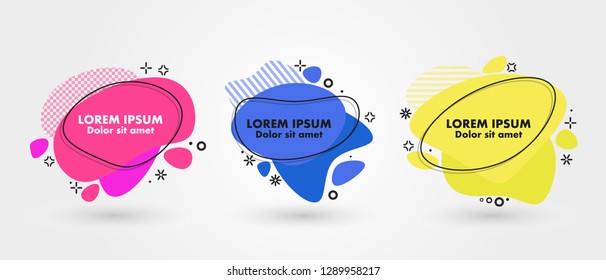 Set of modern abstract banners. Flat geometric fluid liquid shapes of different colors with black outline in memphis design style. Vector minimal illustration