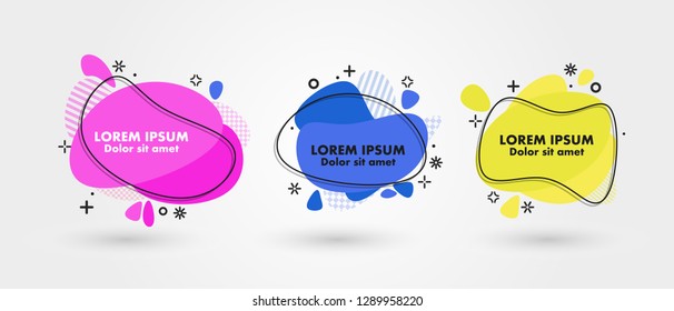 Set of modern abstract banners. Flat geometric fluid liquid shapes of different colors with black outline in memphis design style. Vector minimal illustration