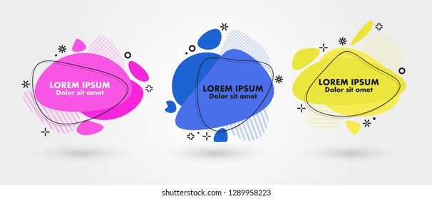 Set of modern abstract banners. Flat geometric fluid liquid shapes of different colors with black outline in memphis design style. Vector minimal illustration