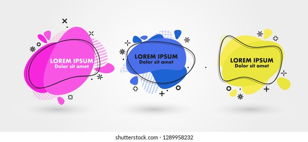 Set of modern abstract banners. Flat geometric fluid liquid shapes of different colors with black outline in memphis design style. Vector minimal illustration