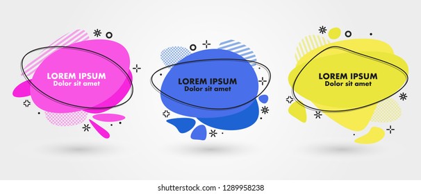 Set of modern abstract banners. Flat geometric fluid liquid shapes of different colors with black outline in memphis design style. Vector minimal illustration