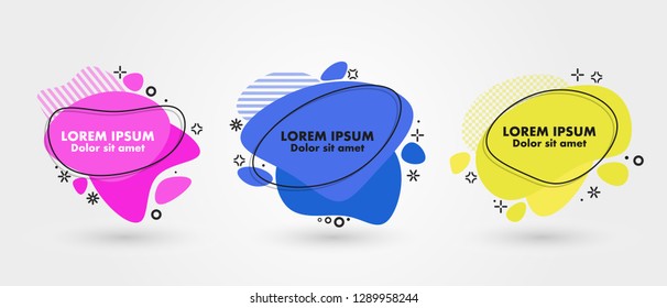 Set of modern abstract banners. Flat geometric fluid liquid shapes of different colors with black outline in memphis design style. Vector minimal illustration