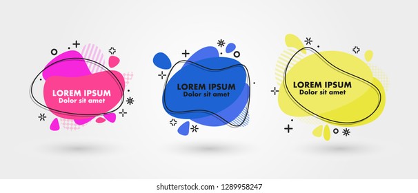Set of modern abstract banners. Flat geometric fluid liquid shapes of different colors with black outline in memphis design style. Vector minimal illustration