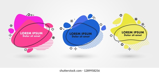 Set of modern abstract banners. Flat geometric fluid liquid shapes of different colors with black outline in memphis design style. Vector minimal illustration