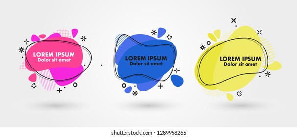 Set of modern abstract banners. Flat geometric fluid liquid shapes of different colors with black outline in memphis design style. Vector minimal illustration